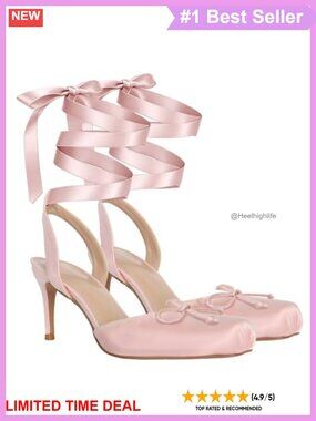 Satin Lace Up Ballet Pumps Square Toe Bow Slingback Stiletto Heels